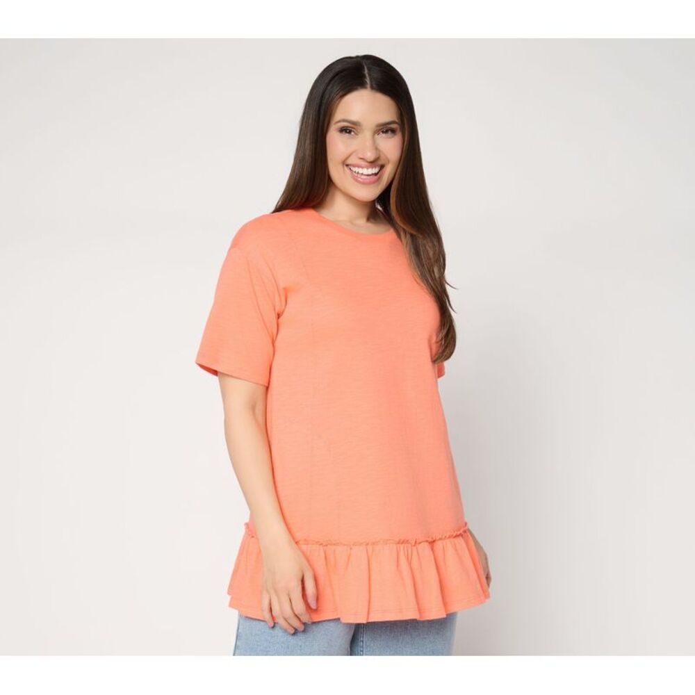 Fashion Women's Top Sz M Elbow Sleeve Tee Ruffle Hem Pink